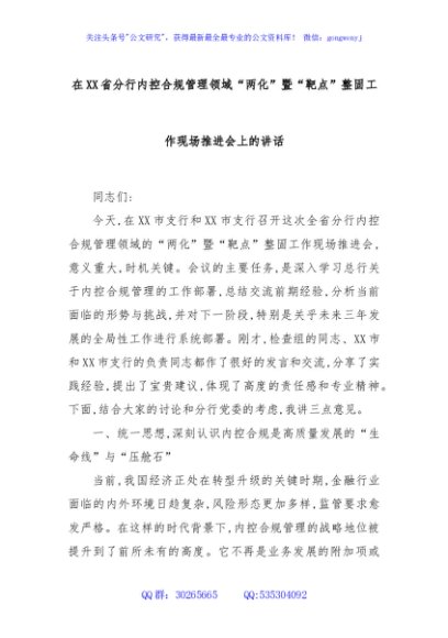 在XX省分行内控合规管理领域“两化”暨“靶点”整固工作现场推进会上的讲话