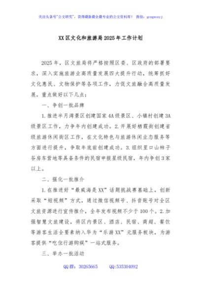 XX区文化和旅游局2025年工作计划