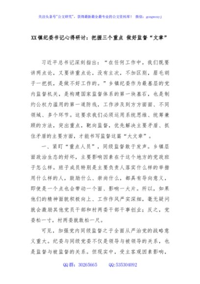 XX镇纪委书记心得研讨：把握三个重点 做好监督“文章”