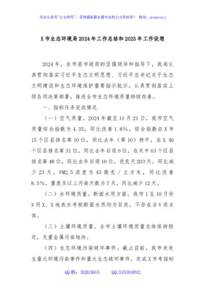 X市生态环境局2024年工作总结和2025年工作设想