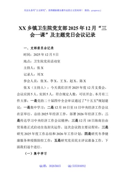 XX乡镇卫生院党支部2025年12月“三会一课”及主题党日会议记录