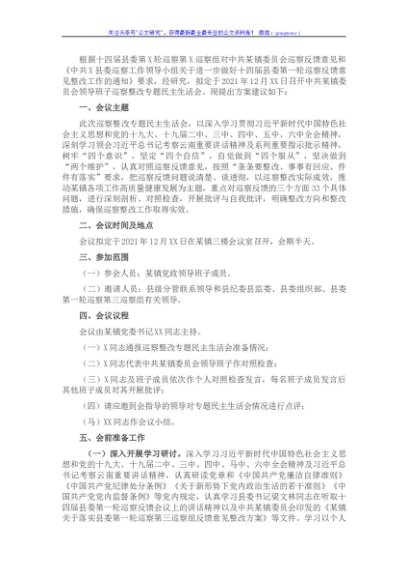 乡镇巡察整改专题民主生活会方案