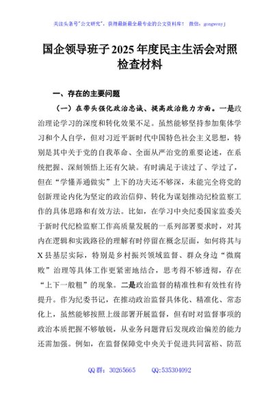 国企领导班子2025年度民主生活会对照检查材料