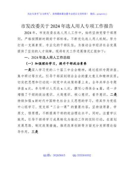 市发改委2024年选人用人专项工作总结报告