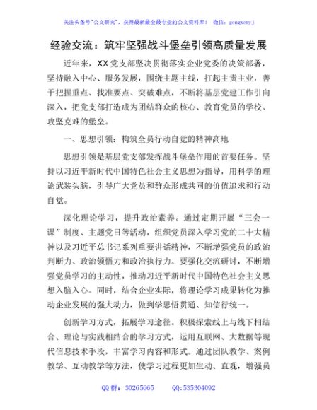 经验交流：筑牢坚强战斗堡垒 引领高质量发展