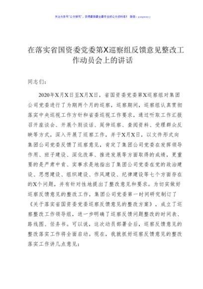 在落实省国资委党委第X巡察组反馈意见整改工作动员会上的讲话