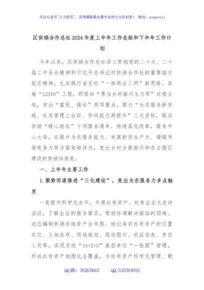 区供销合作总社2024年度上半年工作总结和下半年工作计划