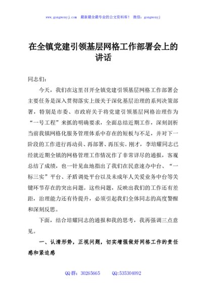 在全镇党建引领基层网格工作部署会上的讲话