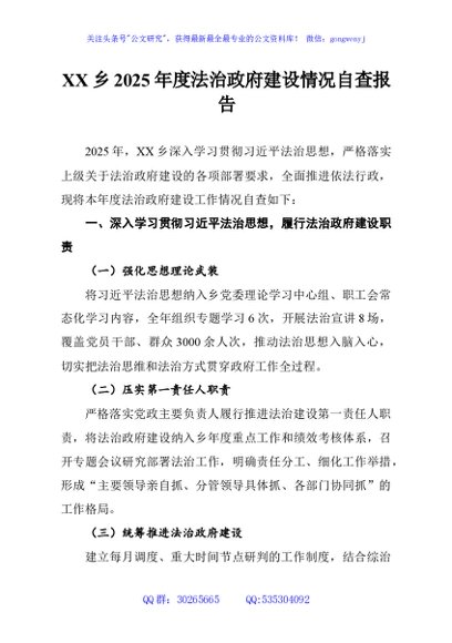 XX乡2025年度法治政府建设情况自查报告