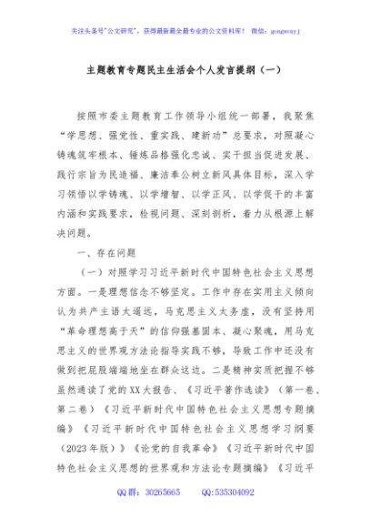 主题教育专题民主生活会个人发言提纲（一）