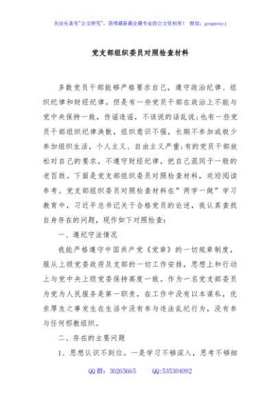 党支部组织委员对照检查材料