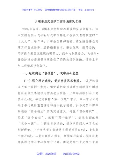 乡镇基层党组织工作开展情况汇报