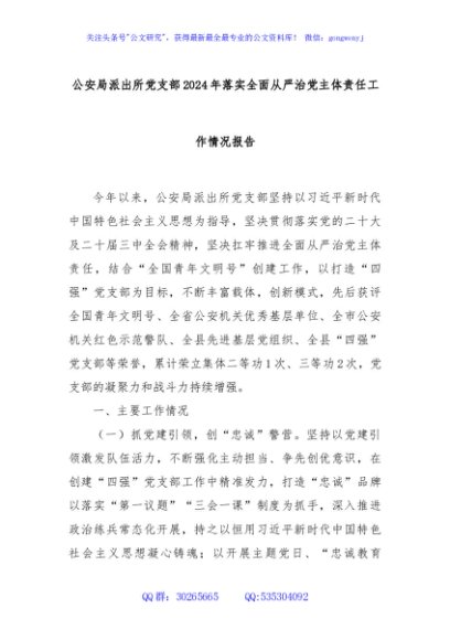 公安局派出所党支部2024年落实全面从严治党主体责任工作情况报告