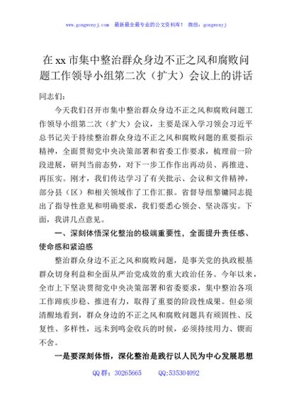 在xx市集中整治群众身边不正之风和腐败问题工作领导小组第二次（扩大）会议上的讲话