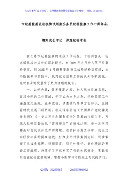 市纪委监委派驻机构试用期公务员纪检监察工作心得体会