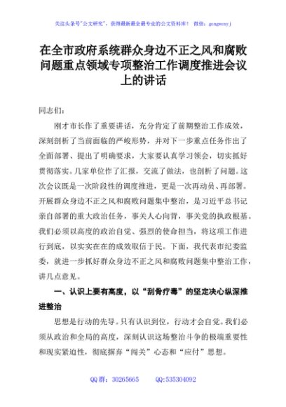 在全市政府系统群众身边不正之风和腐败问题重点领域专项整治工作调度推进会议上的讲话