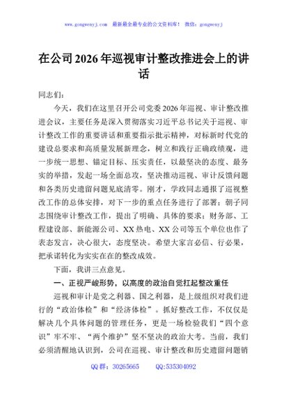 在公司2026年巡视审计整改推进会上的讲话
