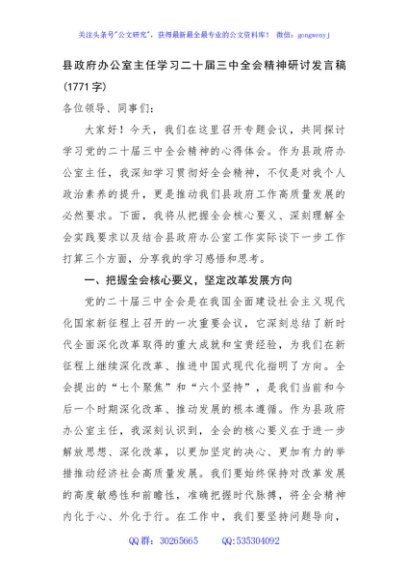 县政府办公室主任学习二十届三中全会精神研讨发言稿(1771字)