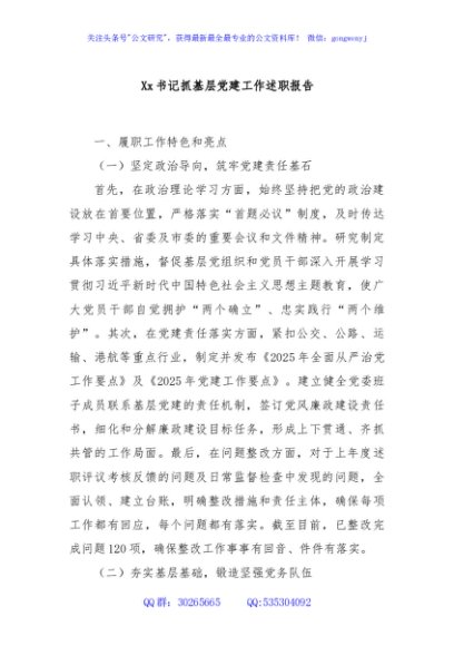 Xx书记抓基层党建工作述职报告