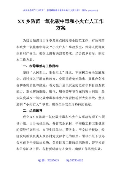 XX乡防范一氧化碳中毒和小火亡人工作方案