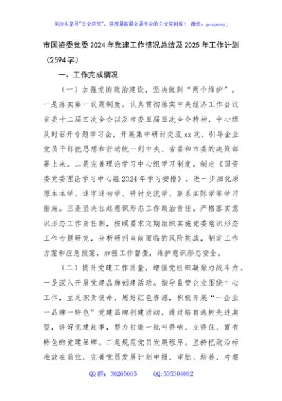 市国资委党委2024年党建工作情况总结及2025年工作计划（2594字）