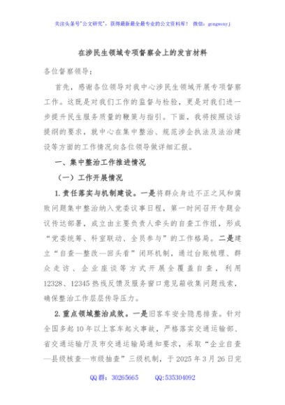 在涉民生领域专项督察会上的发言材料