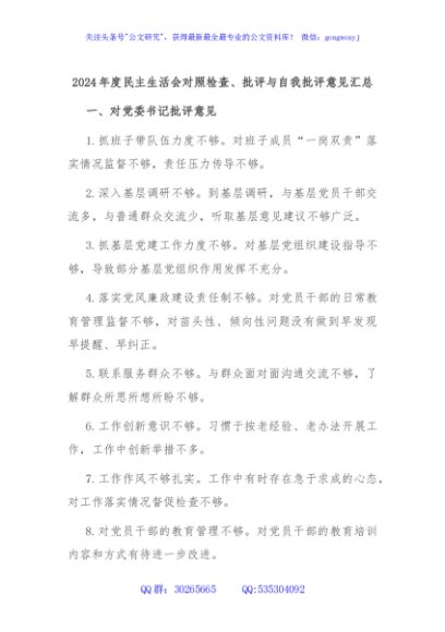 2024年度民主生活会对照检查、批评与自我批评意见汇总