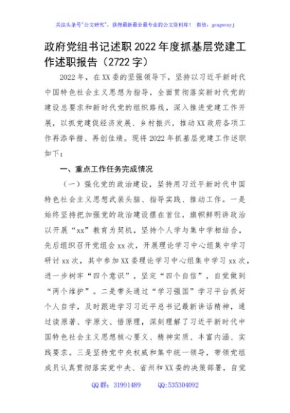 政府党组书记述职2022年度抓基层党建工作述职报告