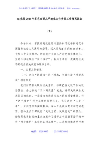 xx党组2024年落实全面从严治党主体责任工作情况报告（2）