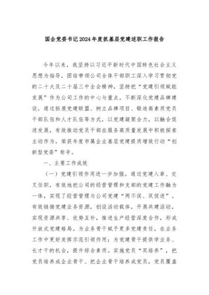 国企党委书记2024年度抓基层党建述职工作报告