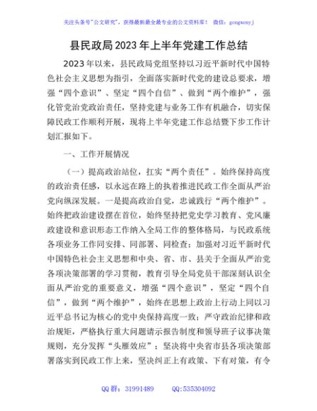 县民政局2023年上半年党建工作总结4300字