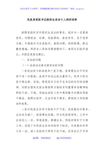 民政局党组书记组织生活会个人剖析材料