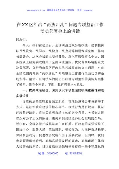 在XX区纠治“两执四乱”问题专项整治工作动员部署会上的讲话