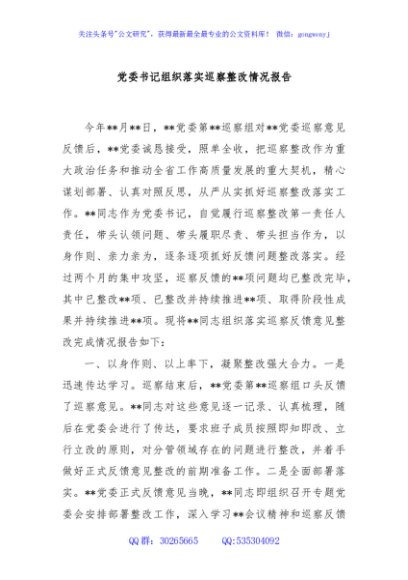 党委书记组织落实巡察整改情况报告
